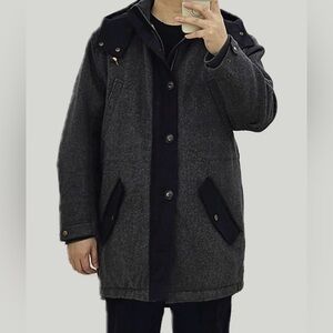 Lands End Gray Herringbone Wool Blend Insulated Hooded Parka Men’s Medium